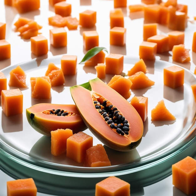 delicious papaya fruits cut into small cubes on a glass plate isolated in white paper background