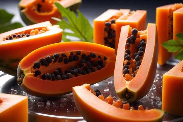 delicious papaya fruits cut into small cubes on a glass plate isolated in white paper background