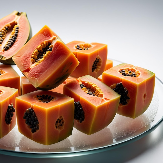 delicious papaya fruits cut into small cubes on a glass plate isolated in white paper background