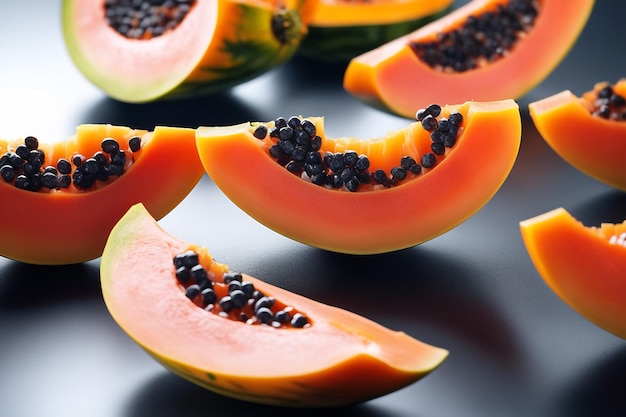 delicious papaya fruits cut into small cubes on a glass plate isolated in white paper background