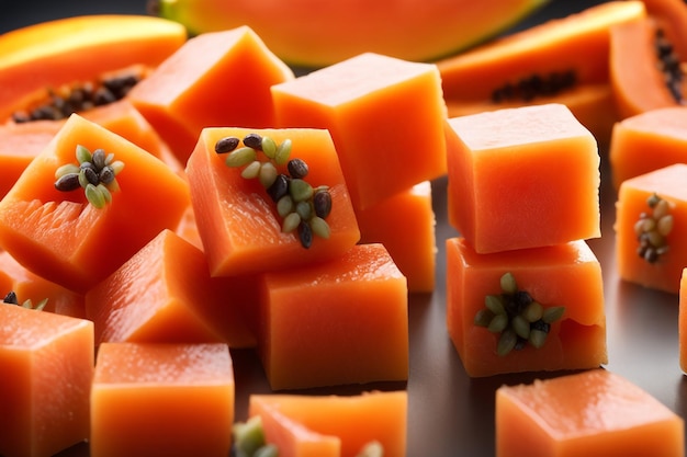 delicious papaya fruits cut into small cubes on a glass plate isolated in white paper background