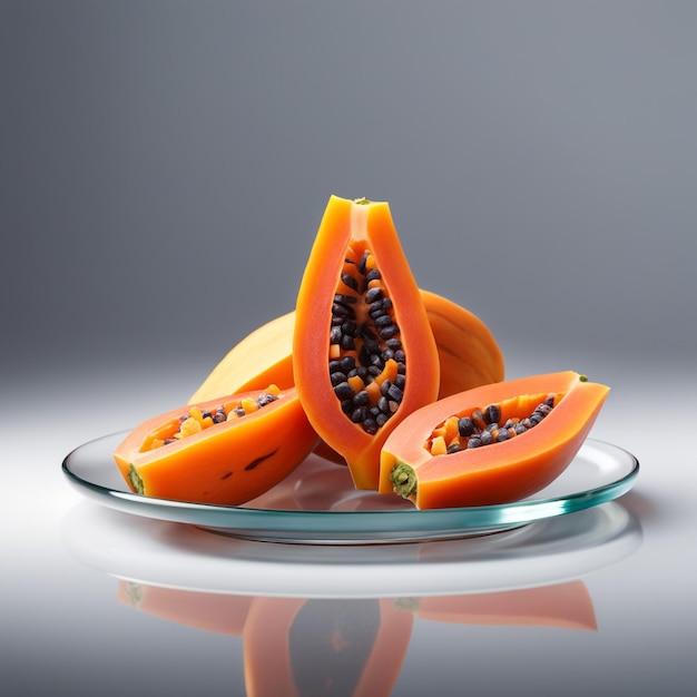 delicious papaya fruits cut into small cubes on a glass plate isolated in white paper background