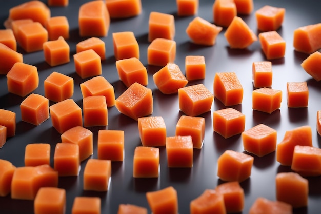 delicious papaya fruits cut into small cubes on a glass plate isolated in white paper background