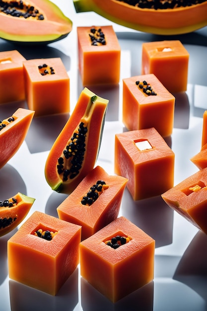 delicious papaya fruits cut into small cubes on a glass plate isolated in white paper background