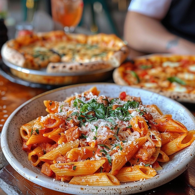 Photo delicious pasta and pizza platter in a cozy corner