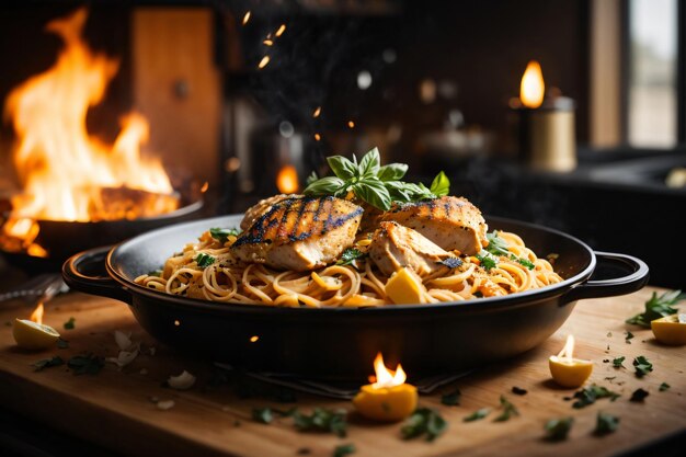 Delicious pasta with chicken fire flames background