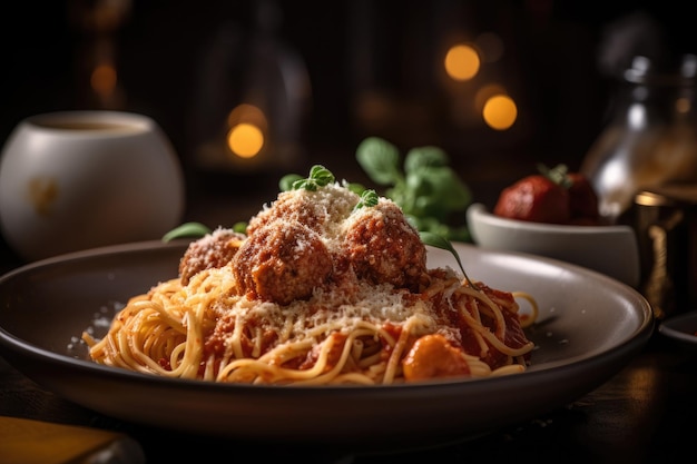 Delicious pasta with red sauce and juicy meatballs generative IA