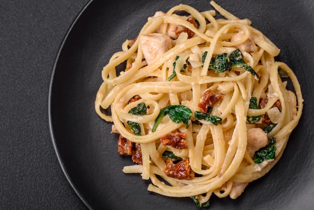 Delicious pasta with spinach sun dried tomatoes cheese onions