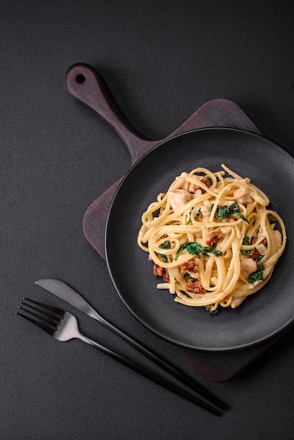 Delicious pasta with spinach sun dried tomatoes cheese onions