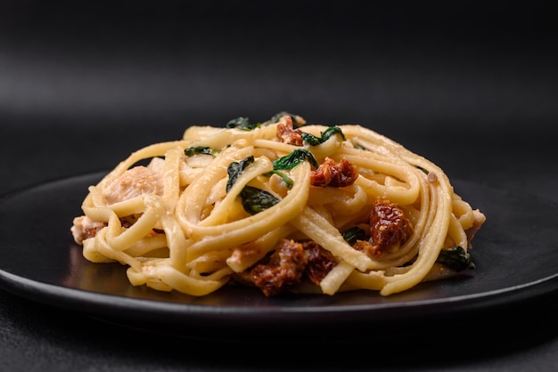 Delicious pasta with spinach sun dried tomatoes cheese onions