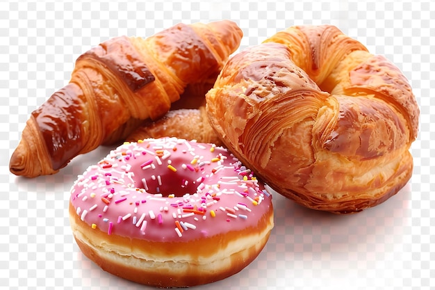 Delicious pastries of donuts and croissant isolated on a transparent background