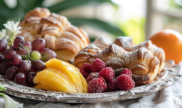 Photo delicious pastries and fresh fruits on stylish plate