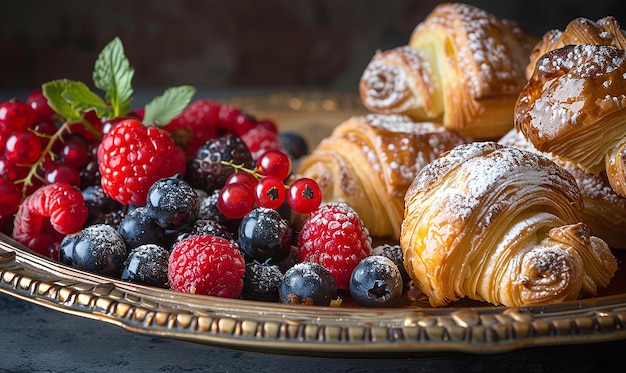 Photo delicious pastries and fresh fruits on stylish plate