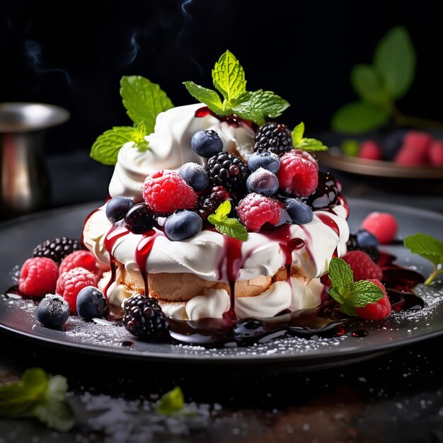 Delicious pavlova covered in red fruits AI generated