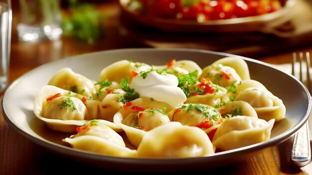 Delicious pelmeni dumplings ravioli for menu in restaurant banners social media