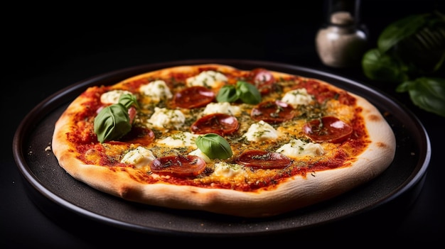 delicious pepperoni pizza composed with garlic cloves tomato puree basil leaves ricotta dried o