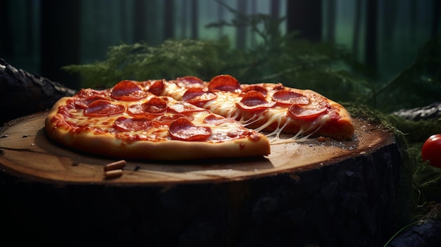 A delicious pepperoni pizza on a rustic wooden table in the middle of the forest