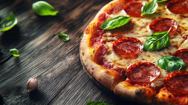 Delicious Pepperoni Pizza with Fresh Basil Closeup