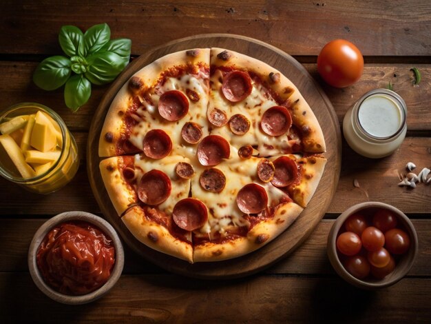 delicious pepperoni pizza on a wooden board