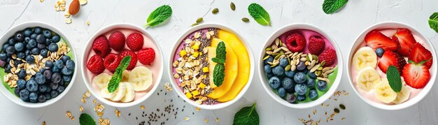 a delicious perfectly balanced smoothie bowl Vibrant visuals showcase a variety of tempting toppings fresh fruits crunchy nuts and nutrientrich seeds healthy wellness blogs and nutrition guide