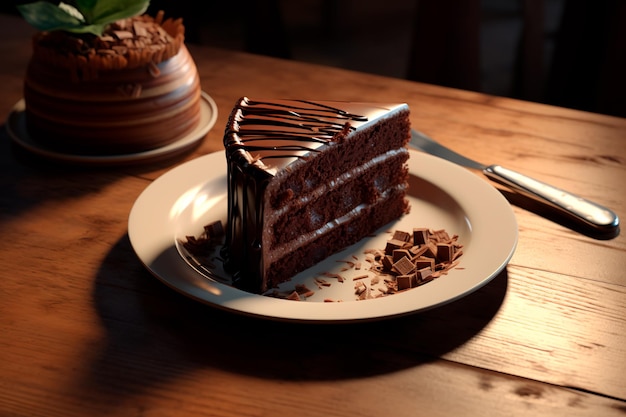 Delicious pie cake with chocolate on a wooden table Sweet breakfast AI Generated