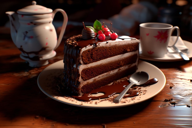 Delicious pie cake with chocolate on a wooden table Sweet breakfast AI Generated