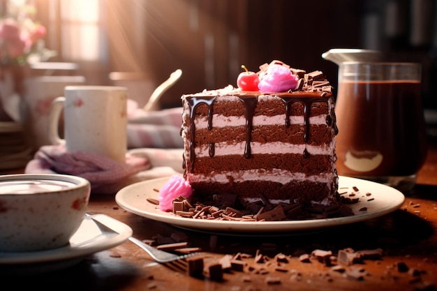 Delicious pie cake with chocolate on a wooden table Sweet breakfast AI Generated