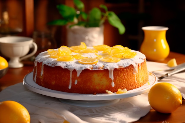 Delicious pie cake with lemon on a wooden table Sweet breakfast AI Generated