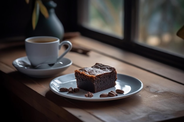 Delicious piece of brownie along with tasty hot coffee or cappuccino on wooden table in coffee shop or restaurant generative ai