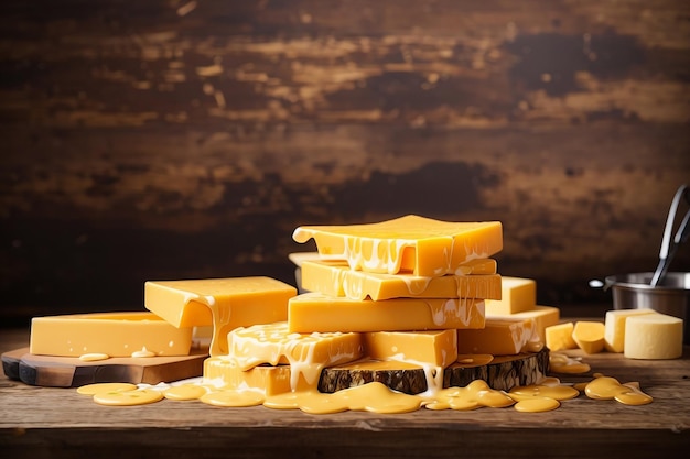 A delicious of pile of melted cheese on wooden table and wood background