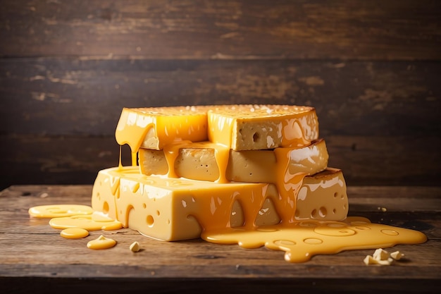 A delicious of pile of melted cheese on wooden table and wood background