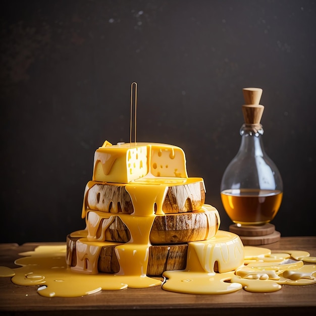 A delicious of pile of melted cheese on wooden table and wood background