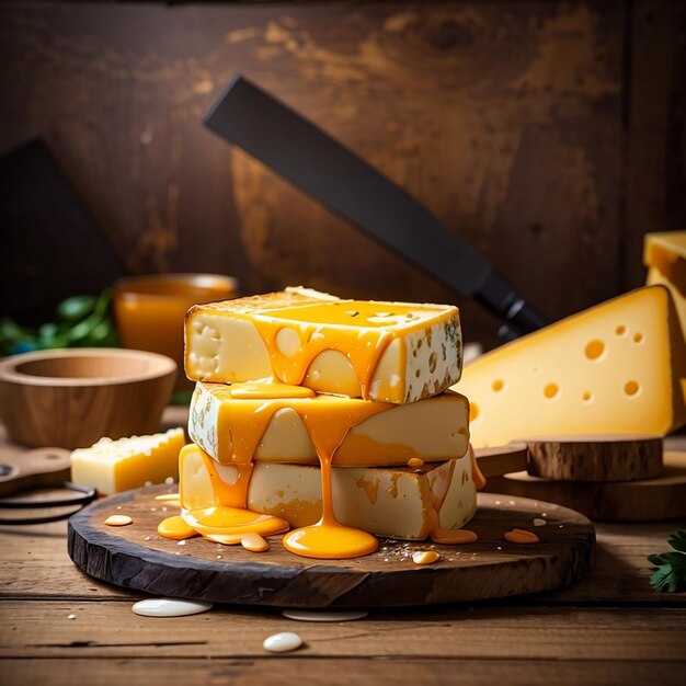 A delicious of pile of melted cheese on wooden table and wood background