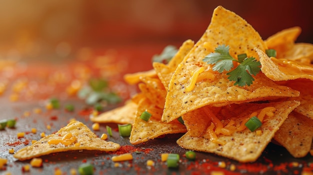 Photo a delicious pile of nacho chips with cheese and cilantro