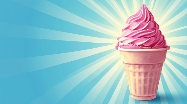 Photo delicious pink swirled ice cream cone with radiant blue background