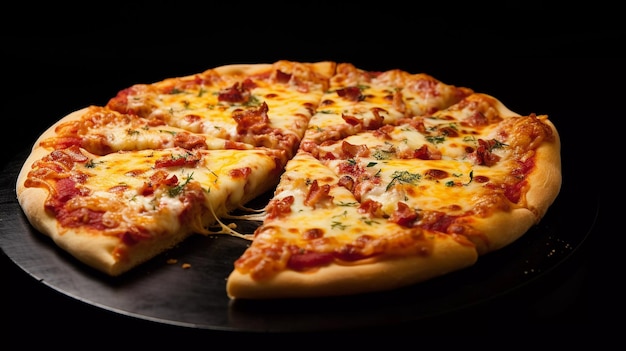 delicious pizza composed with mozzarella cheese American cheese meat red sauce with three diffe