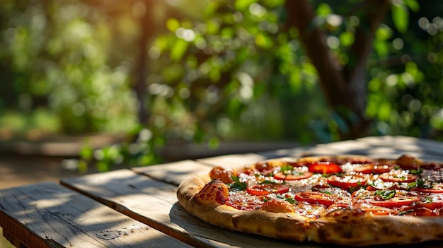 Delicious Pizza on Outdoor Picnic Table Setting