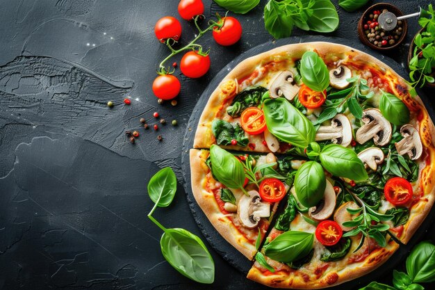 Photo a delicious pizza topped with spinach mushrooms and tomatoes perfect for food menus or restaurant promotions