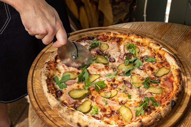 delicious pizza with cheese, greens, sauce in a restaurant