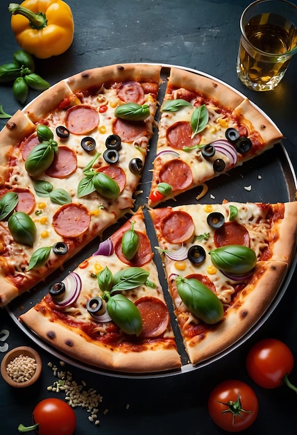 Delicious pizza with cheese and ingredients