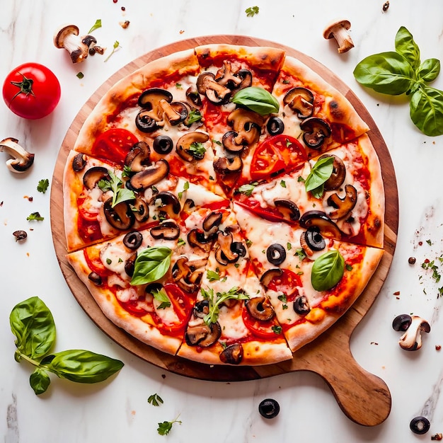 Photo delicious pizza with cheese tomato slices mushroom olive in a white background