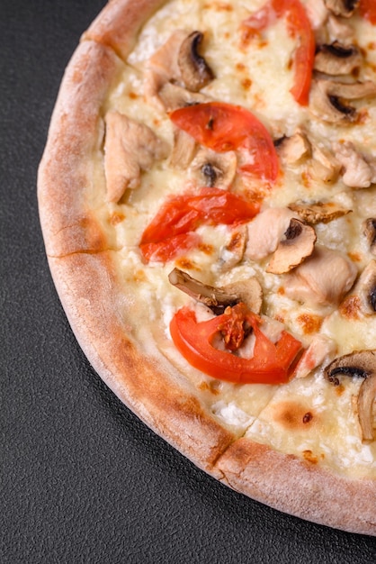 Delicious pizza with chicken tomatoes and cheese with salt and sauce