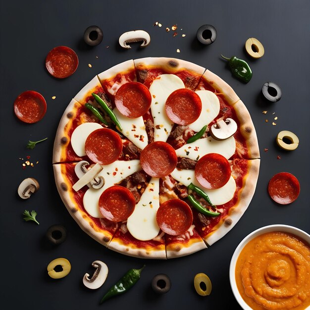 Photo delicious pizza with meat cheese mozzarella and more toppings on a dark background