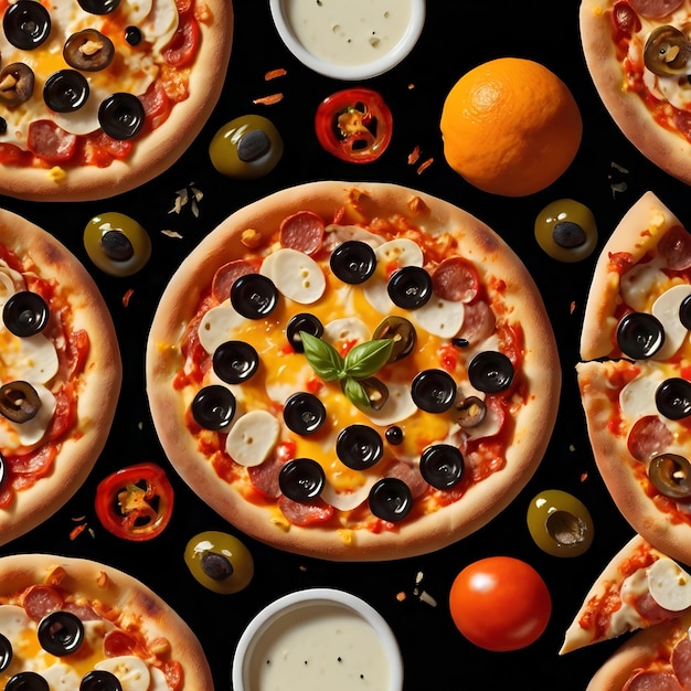 Photo delicious pizza with meat cheese mozzarella and more toppings on a dark background