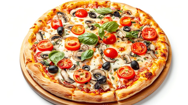 Delicious pizza with melted cheese mushrooms tomatoes and olives