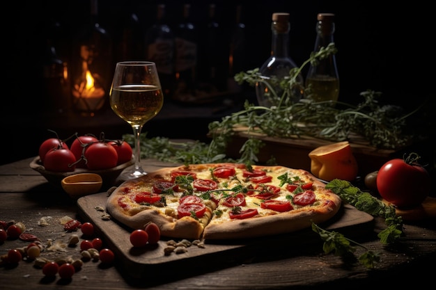 Delicious pizza with mozzarella and fresh tomatoes served with wine on black background