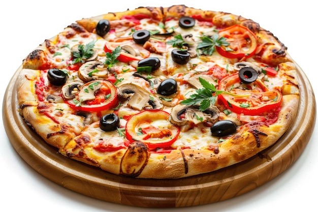 Delicious Pizza with Mushrooms Mozzarella Peppers Tomatoes and Olives Cut Out with Tasty Ingredients