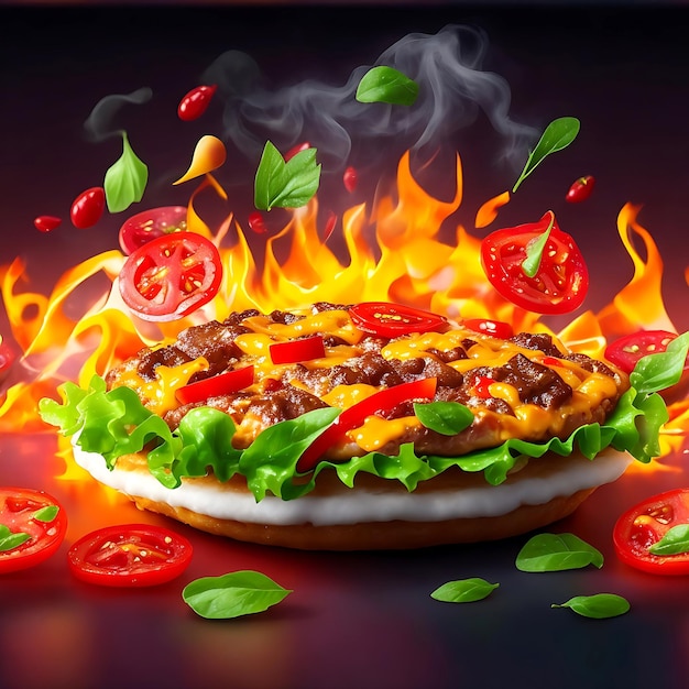 Delicious pizza with tomatoes lemon and pepper dark background with a fire effect ai generated