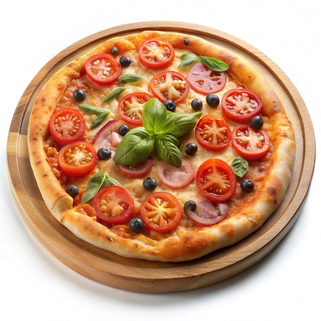 Delicious pizza on wooden plate in white background