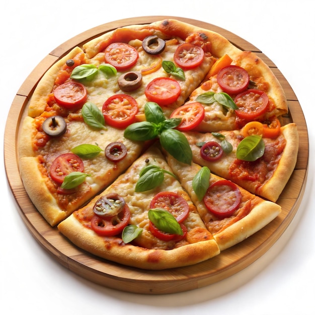 Delicious pizza on wooden plate in white background